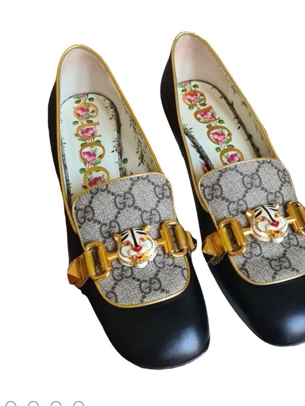 Gucci Black Leather & GG Supreme Canvas Loafers with Gold Horsebit